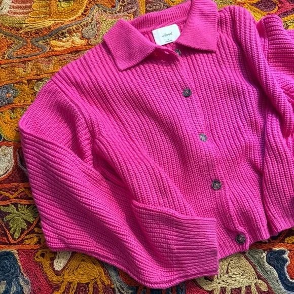 Aritzia Wilfred Next Door Vital Pink Ribbed Wool Cropped Cardigan Sweater - Picture 8 of 11